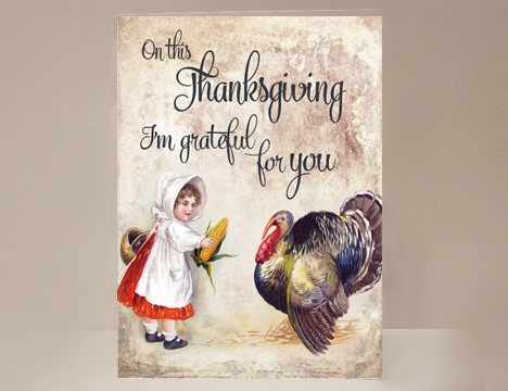 wholesale Thanksgiving cards Young Girl feeds Corn to Turkey  |  Yesterday's Best