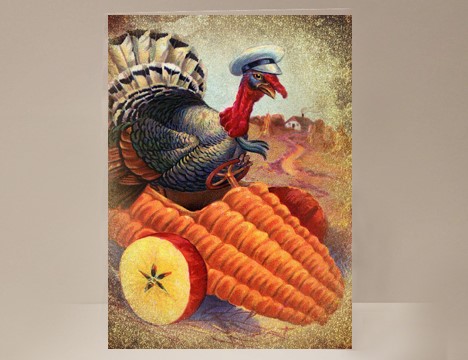 Turkey driving Corn Car Thanksgiving card |  Yesterday's Best