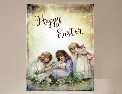 Girls play with Easter Bunnies vintage greeting card |  Yesterday's Best